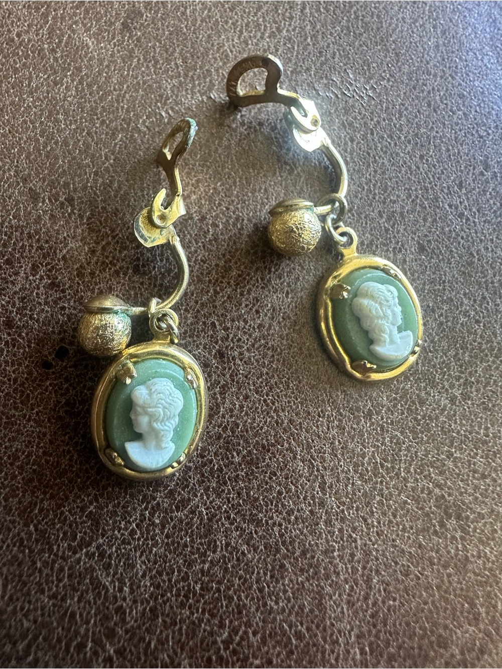 Vintage-Inspired Green Cameo Drop Clip On Earrings